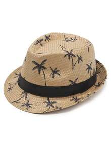 1pc Palm Tree Print Straw Fedora Hat With Black Ribbon, Breathable Short Brim Beach Sun Hat, Unisex, Suitable For Summer Travel, Vacation, Party - A - View 3