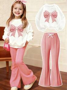 Toddler Bow Pattern Crew Neck Sweatshirt And Flare Pants - Pink - View 1