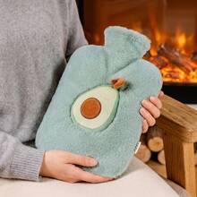 1pc Neutral Cartoon Fruit Pattern Flocked Large Capacity Hot Water Bottle, Refillable, Explosion-Proof, Leak-Proof, Detachable, Hand Warmer, Suitable For Winter Outdoor Camping, Travel, Home, Office, School, Dorm, Daily Use - Green Avocado - View 13