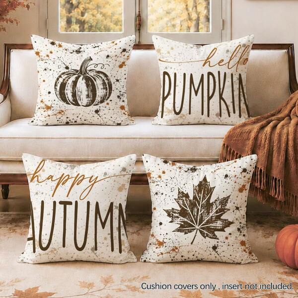 4pcs Autumn Vintage Distressed Ink Splatter Pumpkin & Maple Leaf Cushion Covers, Single-Sided Printed Skin-Friendly Peach Skin Velvet Material, 45*45CM Pillowcases Suitable For Home Bedroom Living Room Room Party Holiday Decoration, Sofa Decorative Cushion Covers Gift Giving, No Pillow Insert
