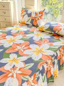 3pcs (1 Bed Skirt, 2 Pillowcases) Floral, Botanical, Striped And Plaid Pattern Printed Bed Skirt With Ruffle Hem, Full Coverage Dust Cover With Elastic Band, Soft And Breathable Bedding Set, Bohemian Style Soft Skin-Friendly Bedding Set Suitable For Bedroom Use, 3-Piece Set With Pleated Bed Skirt And 2 Pillowcases - Orange Flower Language - View 5