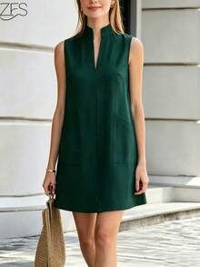 New Spring Summer V-Neck Sleeveless Dress With Large Pockets Elegant Fashionable Versatile For Daily Wear Commuting Office Old Money - Dark Green - View 2