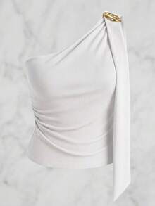 Women's Asymmetrical One-Shoulder Blouse With Padded Cups In Plain Ribbed Fabric - Casual, Basic, And Elegant - 白色 - 查看 4