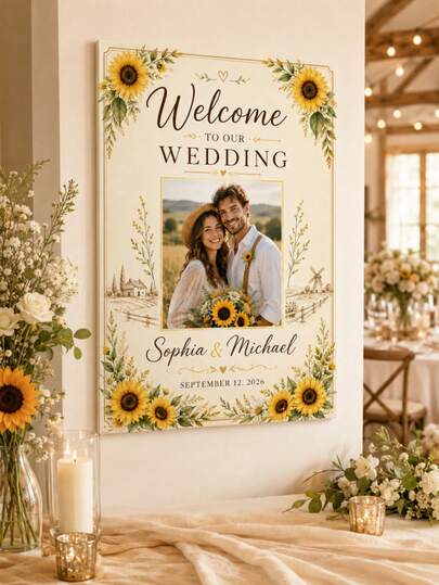 Cartel de Bienvenida Personalizado para Boda, Placa Personalizada, Placa de Boda, Placa Personalizada, Cartel de Bienvenida Personalizado, Regalo para Fiesta, Cartel de Entrada de Fiesta DIY, Sube tu Foto, Adecuado para Cumpleaños, Jubilación, Fiesta de Boda y Decoración del Hogar, Cartel de Bienvenida con Foto