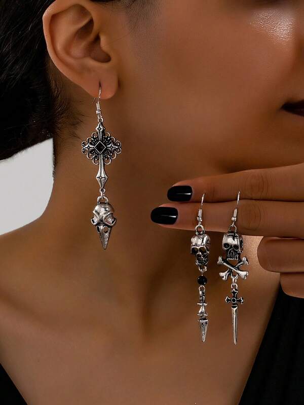 Women's Vintage Dark Gothic Style Crow Skull Sword Multi- Drop Earrings, Fashionable Ear Jewelry For Daily Casual, Vacation, Party, Gathering, Sexy Girl