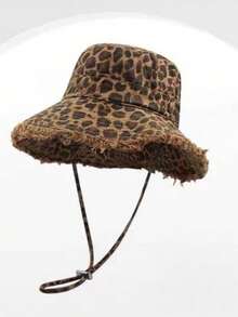 1pc Korean Style Leopard Print Bucket Hat, Casual Women's Spring/Summer Versatile Face-Slimming Wide Brim Thin Sun Protection Hat - A - View 5