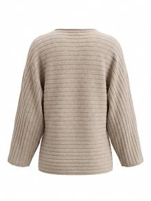 Women's Knitted Long Sleeve Batwing Sleeve Crew Neck Regular Fit Top, Suitable For Autumn/Winter Wear, Medium Stretch Comfortable Ribbed Knit Design - Khaki - View 11