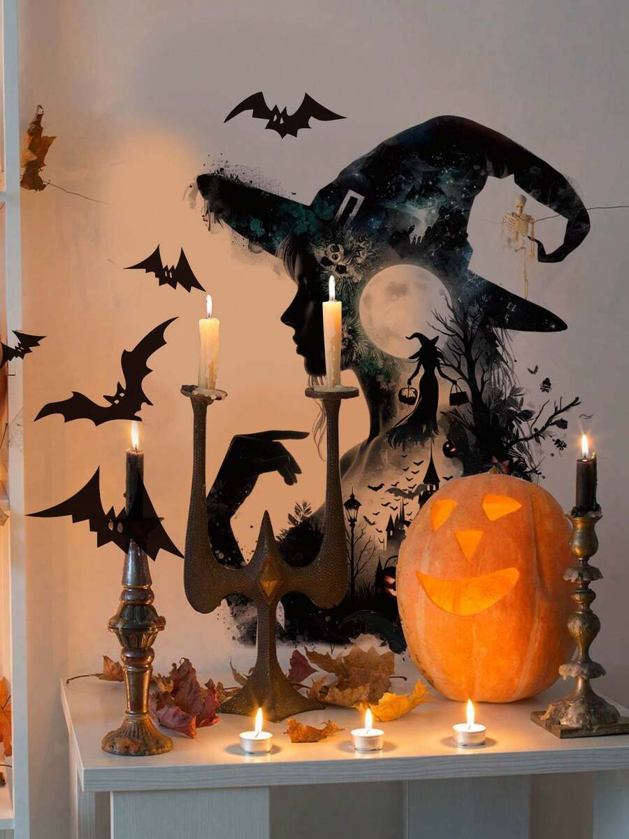 1pc Halloween Silhouette Witch Bat Castle Pumpkin Wall Decal Sticker, Removable Room Decor For Bedroom Living Room Holiday - 1PC - View 1