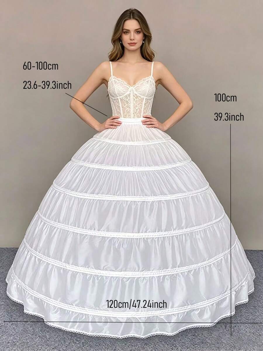 1 buah rok dalam gaun pengantin putih model A-line dengan 6 lingkaran, rok mengembang dengan penyangga dan pinggang elastis, cocok untuk pernikahan, pesta dansa, cosplay, dan acara formal.