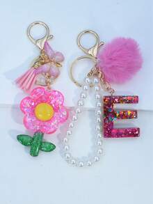 1pc Resin Starry Sky Epoxy Letter Keychain With Black Fur Ball Tassel Decor, Heart Pendant Gift For Friend And Mom - Hot Pink - View 24