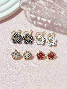 LADYCOCO 4 Pairs Fashionable Cute Polka Dot & Clover Earrings With Floral Pendant Earrings Set, Suitable For Women's Daily Wear - Multicolor - View 3
