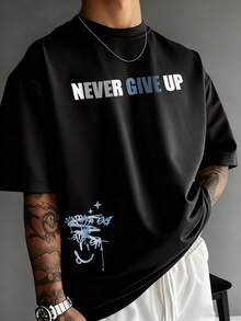 夏季休閒百搭舒適「Never Give Up」印花圓領短袖T恤 - 黑色 - 查看 1