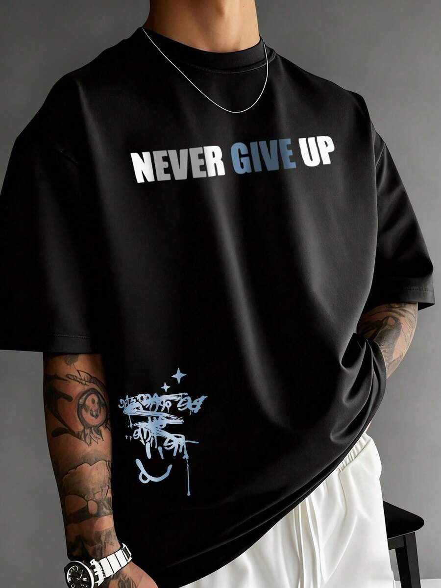 夏季休閒百搭舒適「Never Give Up」印花圓領短袖T恤 - 黑色 - 查看 1