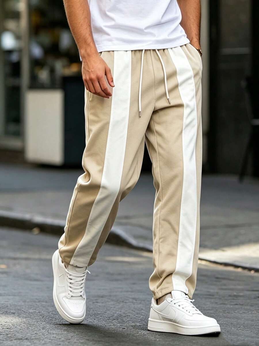 Pantalones largos casuales de moda con bloques de color, cintura elástica con cordón para hombres en verano - Albaricoque - Ver 1