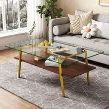 Coffee Table Made Of Tempered Glass, Rectangular Coffee Table, Metal Legs, Modern Living Room Table, H42.5/W98/D58 Cm - Blush+Gold - 查看 3