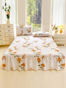 3pcs (1 Bed Skirt, 2 Pillowcases) Floral, Botanical, Striped, Plaid Pattern Printed Ruffle Bed Skirt Full Coverage Dust Cover With Skirt Hem And Pillowcases, Soft And Breathable Bedding Set With Elastic Waistband, Bohemian Style, Soft And Skin-Friendly, Suitable For Bedroom Use - Qianqiu Jing - View 7