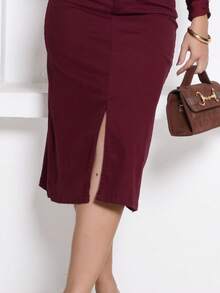 Women's Long Denim Skirt, Flared, High-Waisted, Elegant, Distressed Hem, Burgundy - 酒紅色 - 查看 4