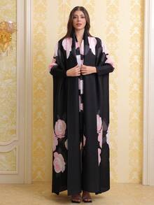 Floral Print Elegant Plus Size Robe - Black - View 6