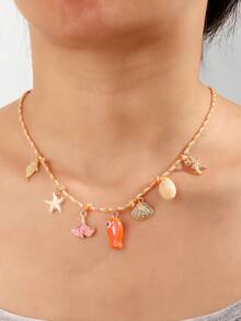 1pc Multi-Color Starfish Necklace, Beach Vacation Style Pendant, Versatile Elegant Neck Chain - Orange - View 2