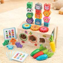 1 Set Multi-Functional Wooden Educational Building Blocks Box With Animal Expressions, Stacking, Magnetic Fishing, Carrot Pulling, Shape Recognition And Matching, Montessori Fine Motor Skills Early Education Teaching Aids - Multicolor - View 7