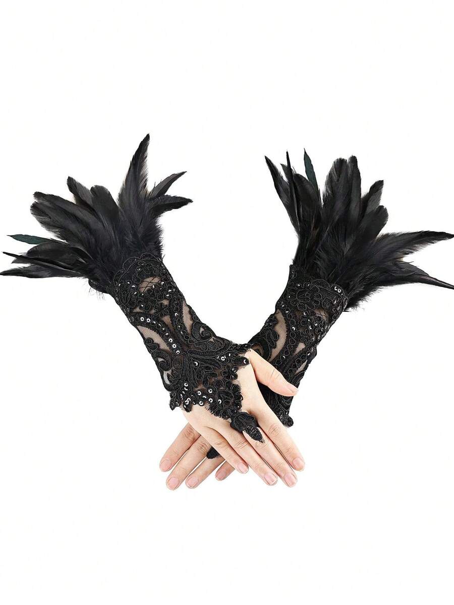 Black Lace Arm Sleeves With Faux Feather Decor, Finger Loop Gloves, Suitable For Balls And Dancing, Halloween Gothic Style Arm Sleeves (Artificial Fiber Feathers) - View 1