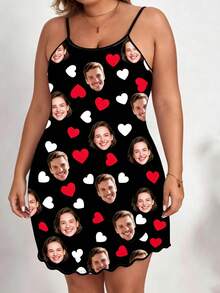 Women's Customized Spaghetti Strap Sleeveless Mini Slip Dress, Black, Personalized Double-Sided Red And White Heart All-Over Print - Multicolor - View 4