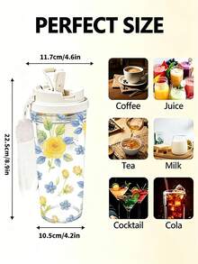 1 pieza/5 piezas Vaso de agua de plástico de 500ml con estampado floral de rosa amarilla y azul vintage de verano, con pajita y cordón, tapa abatible a prueba de fugas, para bebidas frías, calientes y café helado, uso diario, listo para fotos, regalo de cumpleaños para mejor amigo, regalo festivo - Rosa amarilla multicolor - Ver 5