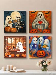 1/4pcs DIY Halloween Ghost Number Painting, Adult Beginner Handmade, Canvas Art Wall Decor, Halloween Gift - Frameless - View 3