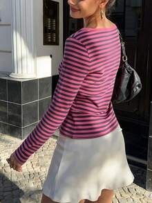 ALA Women's Autumn Y2K Colorblock Slim Fit Layered Horizontal Stripe Long Sleeve T-Shirt, Suitable For Daily Outings, Back To School Season, Office, Party - Hot Pink - View 7