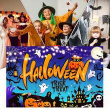 1pc Halloween Horror Backdrop - Ghost Cemetery Scene With Pumpkin Lanterns, Bats, Ghosts, Tombstones - "Trick Or Treat" Text Design, Suitable For Haunted House Events, Parties, Carnivals And Photography Backgrounds, Yard, Garage, Indoor/Outdoor Party Decorations, Holiday Celebrations, Halloween Decor, Scene Setup, Atmosphere Decoration Supplies - Multicolor - View 5