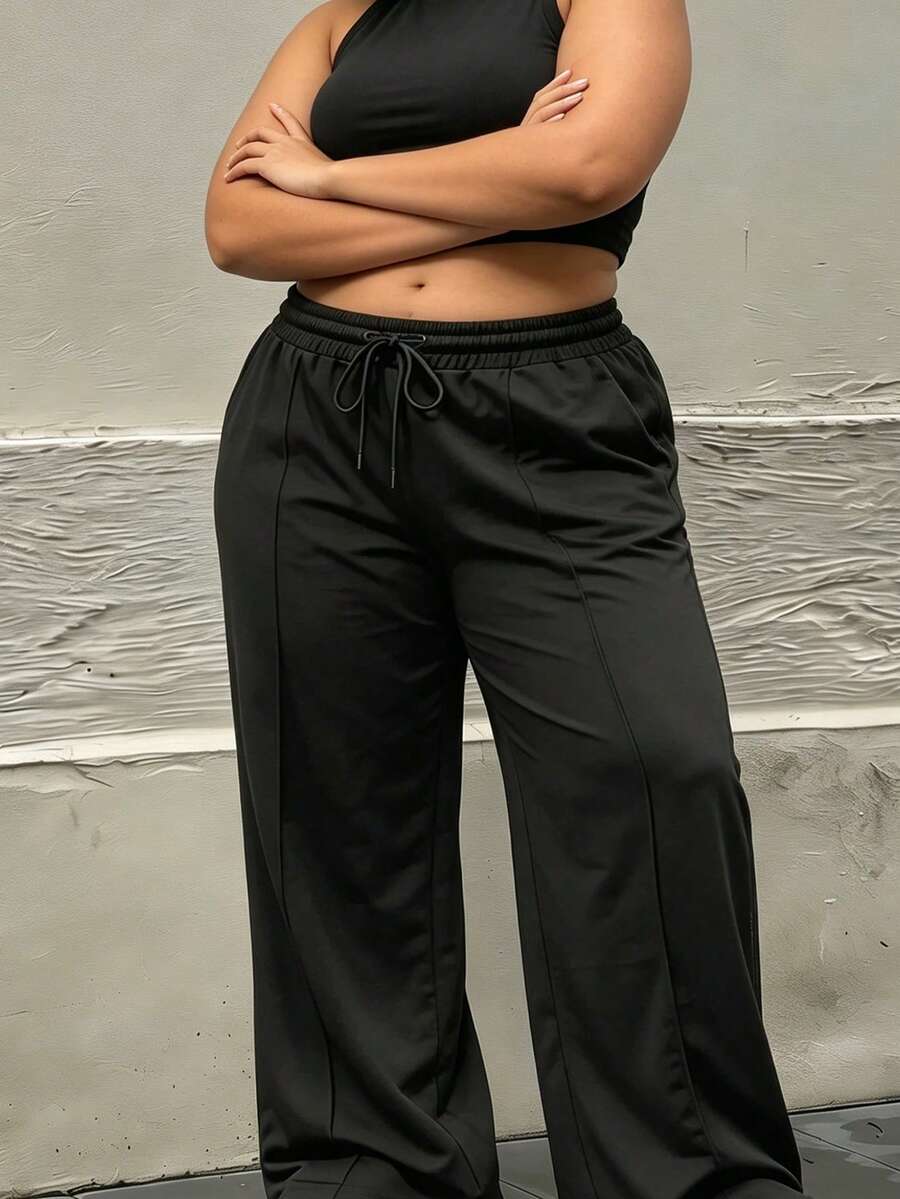 Women's Plus Size Elegant Casual Drawstring Waist Long Pants - Black - View 1