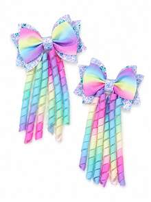 2pcs Dopamine Ombre Curly Hair Clips For Girls,Elegant Bows Headdress For Daily,Sparkling Party Star Barrettes,Fashionable Girly Hair Accessories - Multicolor - View 7