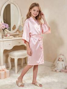 Girls' Comfortable Soft Japanese Style Small V-Neck 3/4 Sleeve Solid Color With Belt Knee-Length Nightgown, Loungewear, Morning Robe - Baby Pink - View 1