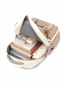 Two-Tone Multi-Zip Pocket Student Rucksack, Detachable Small Accessory Pouch Adjustable Side Buckle Backpack For Daily Commute Weekend Trips - Khaki - View 7