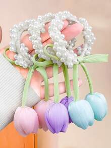 3/1Pc Tulip Pearl Hair Scrunchies, High Elasticity Hair Ties, Sweet And Cute Hair Accessories - Suitable For Girls And Teenagers, Perfect For Daily Wear, School, Vacation, Commuting, Spring Outings, Photography And More - Multicolor - View 2