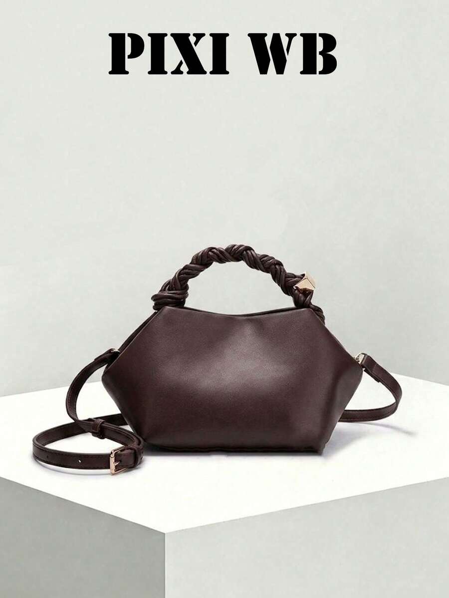 Minimalist Ruched Leather Handbag With Twisted Top Handle, Adjustable Shoulder Strap Soft Pouch Design, Fashion Versatile Crossbody Bag For Work Party - Coffee - View 1