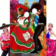 1pc Mexican Party Backdrop Banner, Colorful Polyester Photography Background Cloth With Traditional Dancers, Sombrero Hats And Maracas, Suitable For Photo Booth, Birthday - Multicolor - View 1