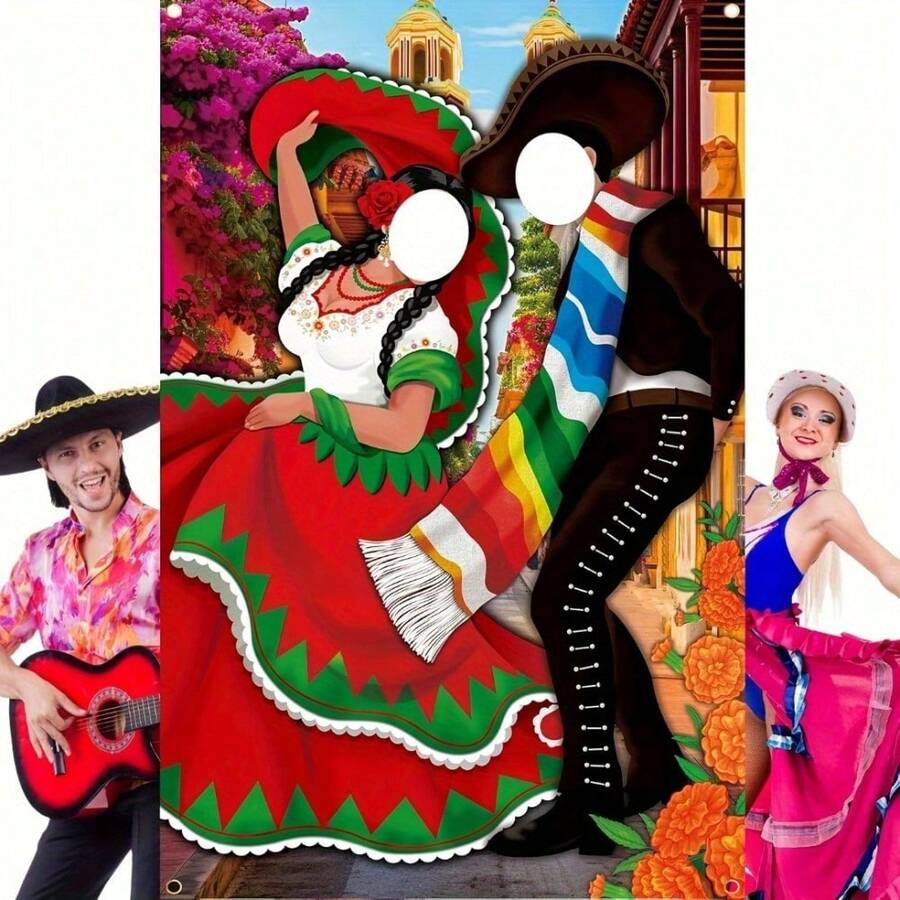1pc Mexican Party Backdrop Banner, Colorful Polyester Photography Background Cloth With Traditional Dancers, Sombrero Hats And Maracas, Suitable For Photo Booth, Birthday - Multicolor - View 1