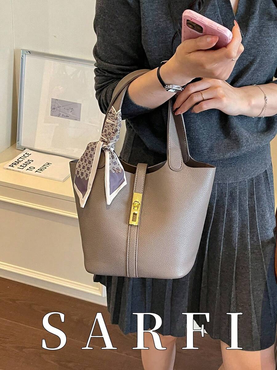 現代優雅精緻金屬裝飾女款手提包,時尚百搭優雅絲巾肩帶水桶包 - 灰色 - 查看 1