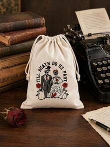 10pcs Humorous Halloween Skull Wedding Drawstring Gift Bags, Bachelorette Party Gift Bags, Gothic-Style Wedding Planning Bags Featuring Skulls And Roses, Halloween Couple Party Decorations, Unique Wedding Bags - Multicolor - View 4