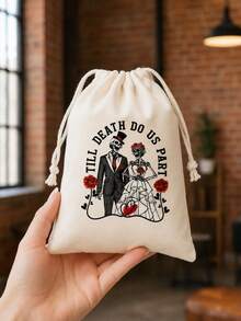 10pcs Humorous Halloween Skull Wedding Drawstring Gift Bags, Bachelorette Party Gift Bags, Gothic-Style Wedding Planning Bags Featuring Skulls And Roses, Halloween Couple Party Decorations, Unique Wedding Bags - Multicolor - View 2