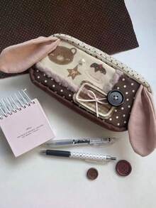 1pc Rabbit Ear Polka Dot Cake Pencil Case, INS Style Student Large Capacity Decorative Highly Attractive Stationery Makeup Bag Storage Pencil Pouch - Polka Dots - View 2