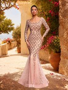 VIPGIRL Elegant Pink Sequin Mermaid Evening Gown, Long Sleeve Backless Mesh Patchwork, Formal Ball Dress, Luxury Party Long Dress - Apricot - View 6