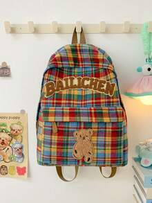 1pc Retro Rainbow Checkered Fabric Backpack, Multi Pocket Lightweight Casual Daypack With Adjustable Canvas Shoulder Straps - Multicolor - View 12