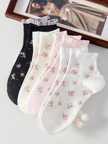 4 pares de calcetines invisibles de moda para mujer con estampado floral, calcetines de tobillo con ribete de encaje, calcetines tipo barco, calcetines minimalistas suaves y transpirables, calcetines blancos, adecuados para uso diario casual, adecuados para primavera, verano y todas las estaciones - Multicolor - Ver 6