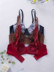 3pcs/Set Women's Sexy Floral Lace Underwire Bra, Comfortable Colorblock Floral Lingerie - Multicolor - View 5