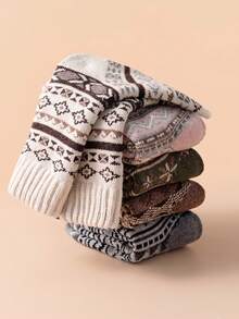 5 Pairs Autumn/Winter Retro Pattern Fashion Vintage Mid-Calf Socks, Women's Thickened Warm Knitted Socks, Suitable For Daily Wear, Home, Outdoor Sports, Matching With Boots, Sneakers, Slippers - Multicolor - View 4