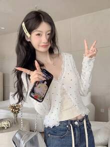 秋冬新款韓式甜美休閒女款針織開襟外套，溫柔風百搭外衣，白色波點秋季款 - 白色 - 查看 5