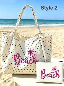 復古波點白色大容量單肩包套裝－印有「Beach」字母與棕櫚樹圖案，附白色小包的購物旅行托特包，可折疊單肩手提包，通勤托特包，平板收納包，夏季旅行必備包，適合海灘旅行、泳池日、購物與日常使用，返校季、教師節禮物 - 彩色 - 查看 8