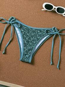 Bikinx Set Bikini Wanita Bertekstur dengan Tali Bahu Tipis Berhiaskan Manik-Manik dan Desain Ikat Belakang, Cocok untuk Liburan Pantai Musim Panas - Dark Green - View 5